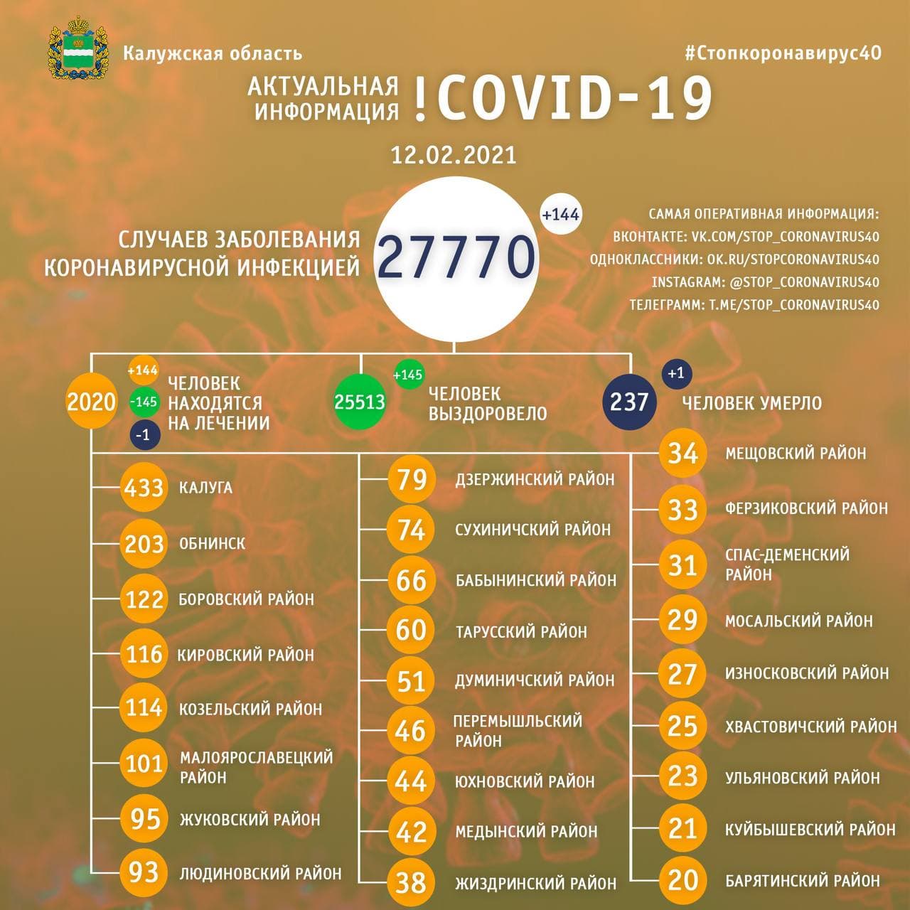 Официальные данные по коронавирусу в Калужской области на 12 февраля 2021 года.