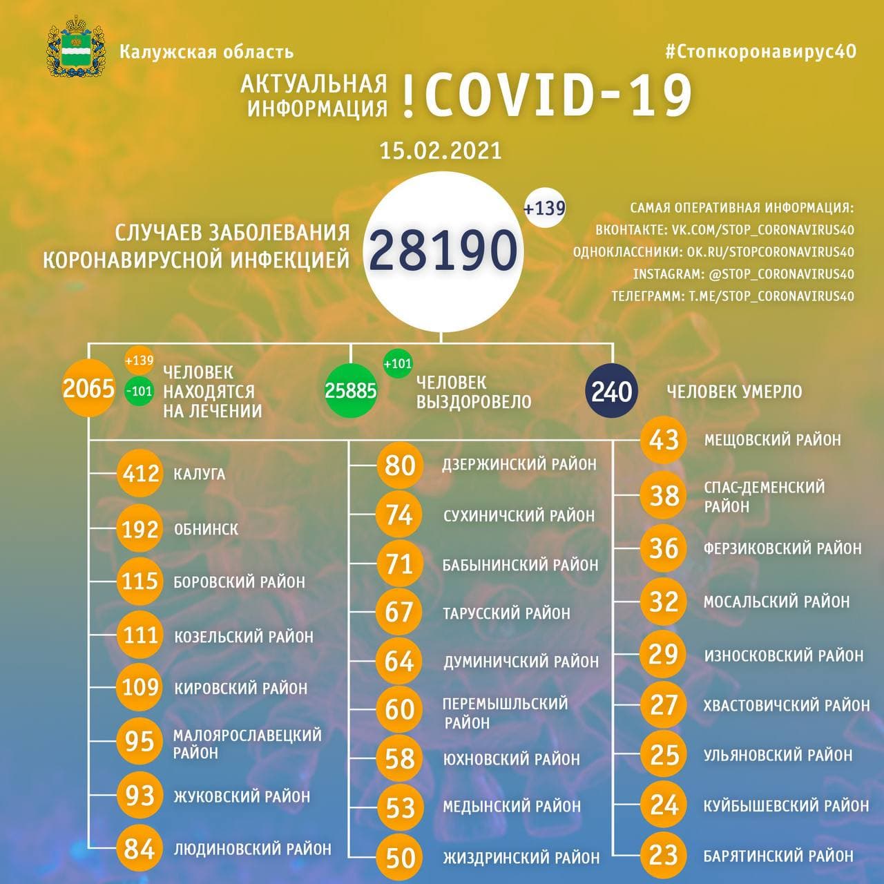 Официальные данные по коронавирусу в Калужской области на 15 февраля 2021 года.