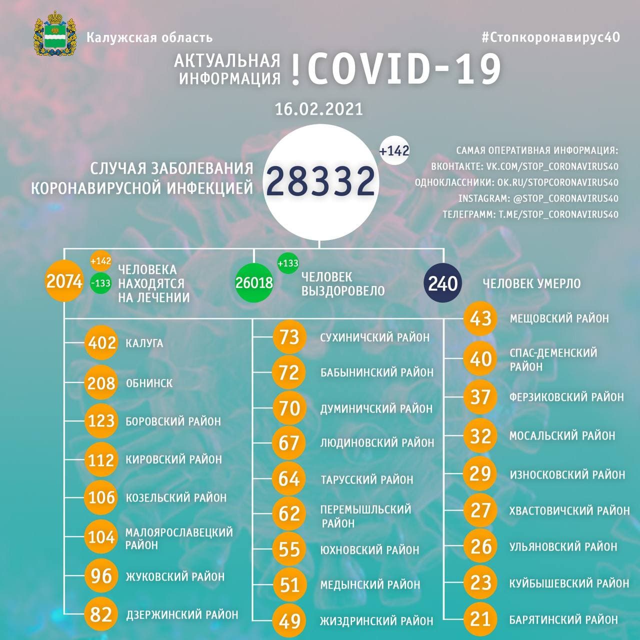 Официальные данные по коронавирусу в Калужской области на 16 февраля 2021 года.