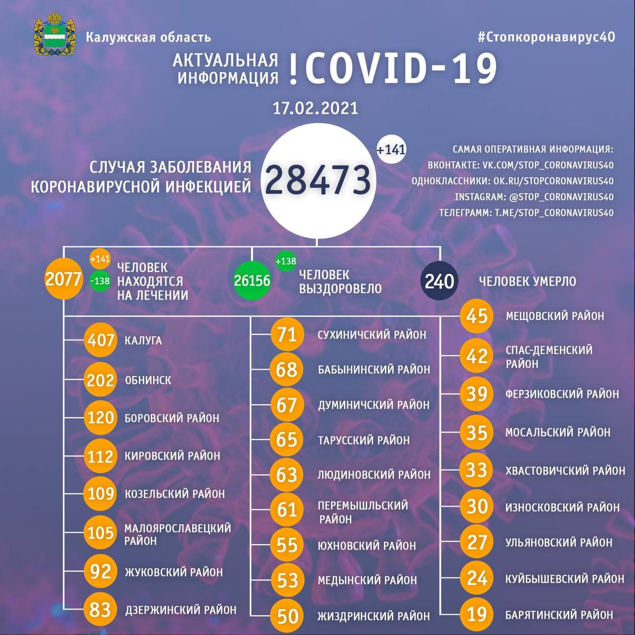 Официальные данные по коронавирусу в Калужской области на 17 февраля 2021 года.