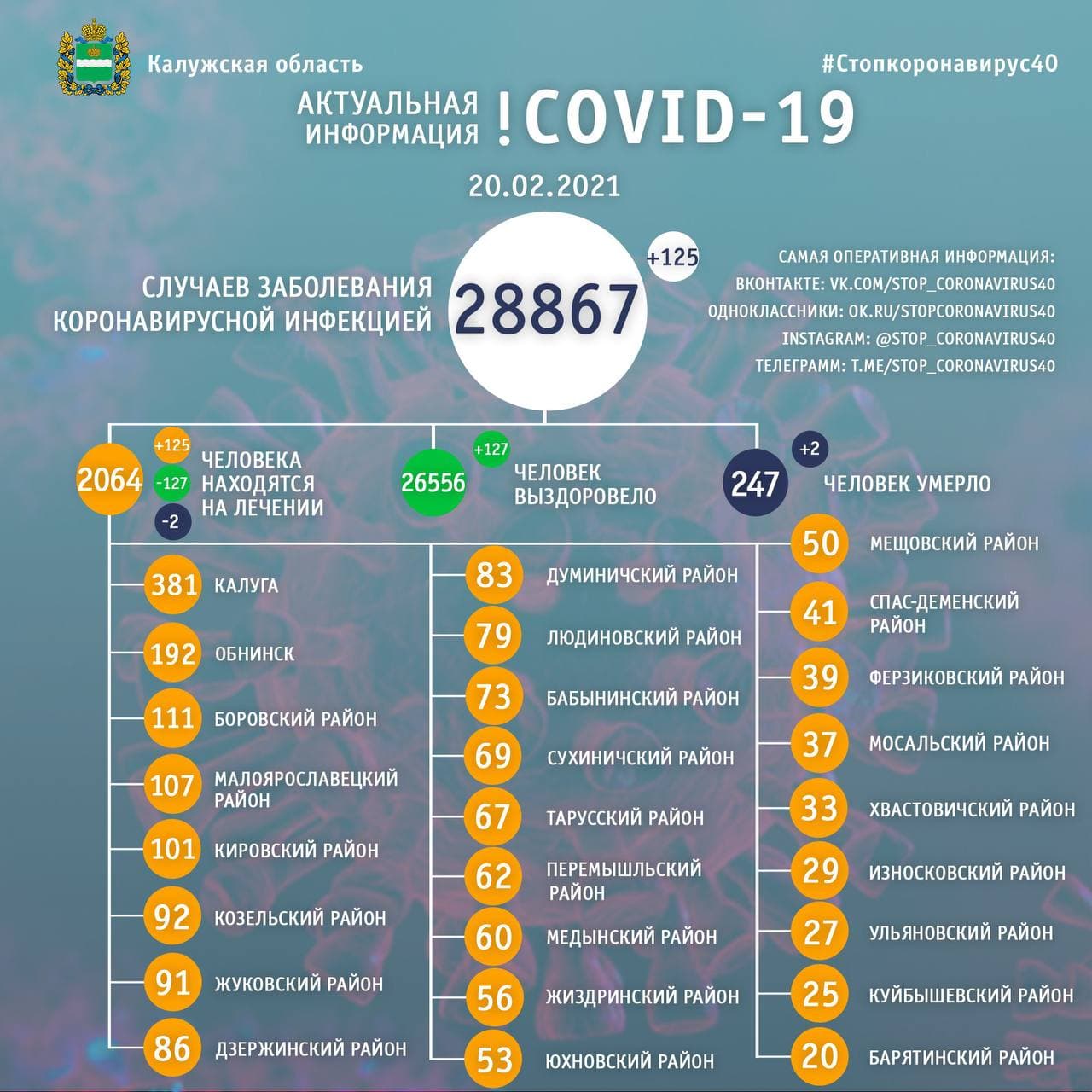  Официальные данные по коронавирусу в Калужской области на 20 февраля 2021 года.