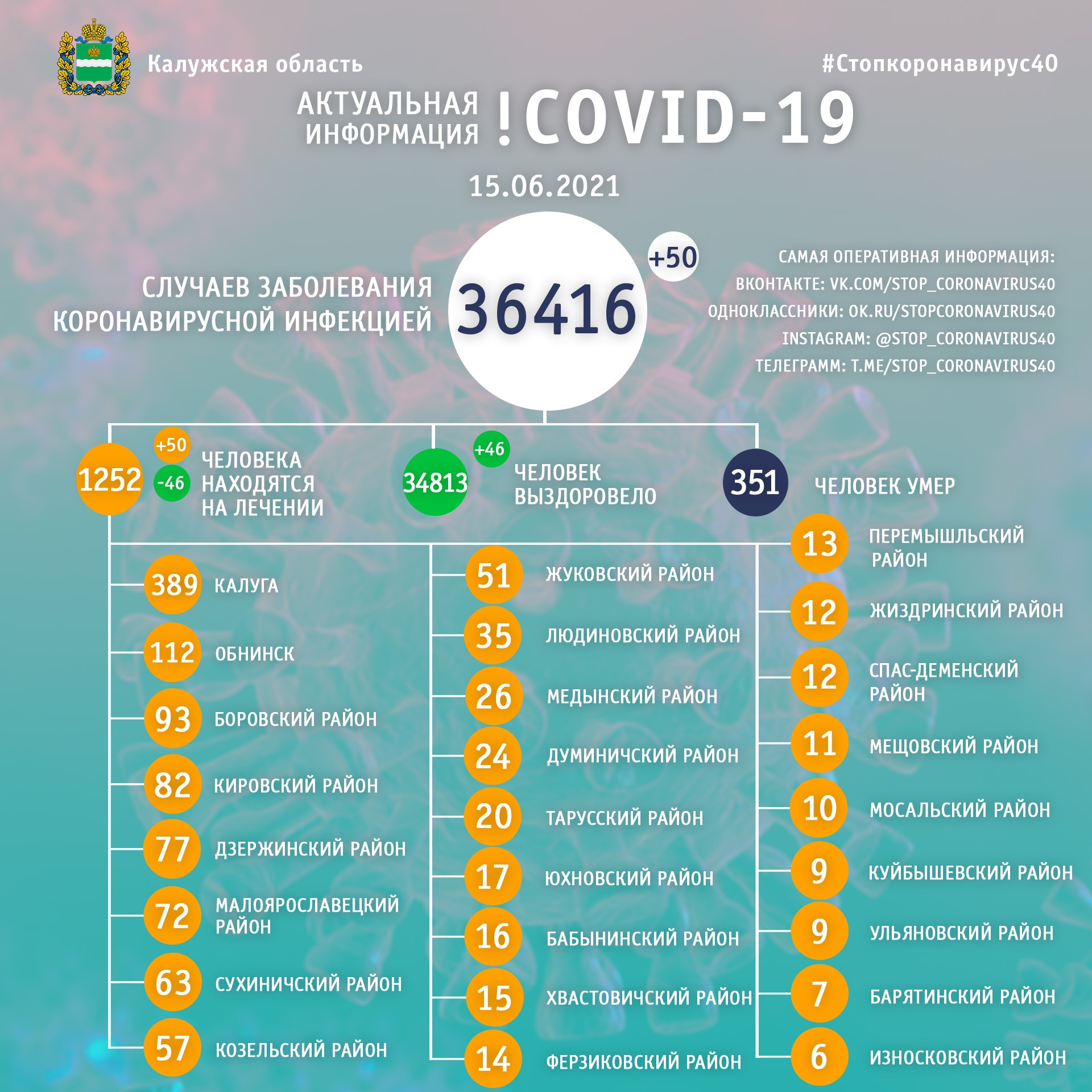 Официальная статистика по коронавирусу в Калужской области на 15 июня 2021 года.