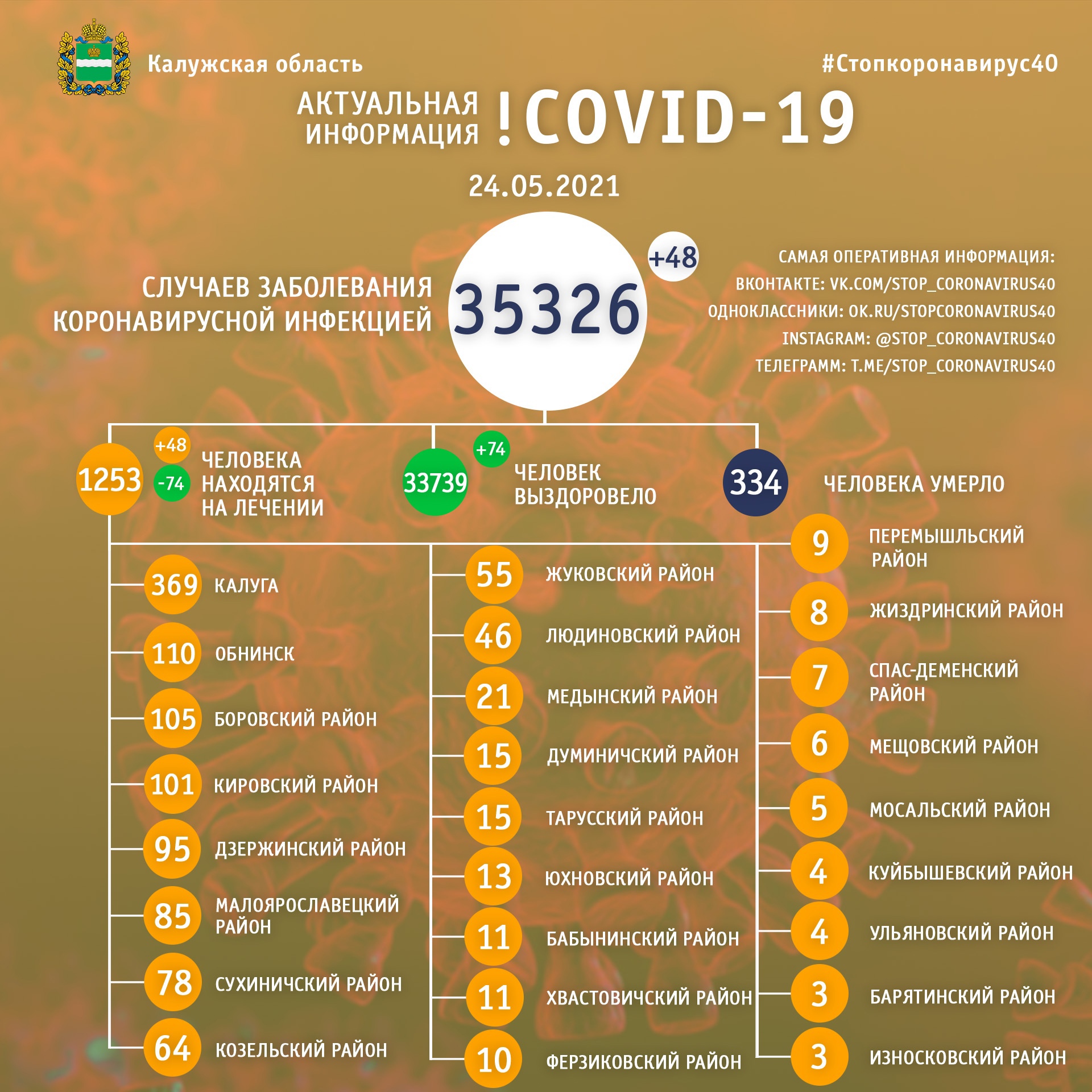 Официальная статистика по коронавирусу в Калужской области на 24 мая 2021 года.