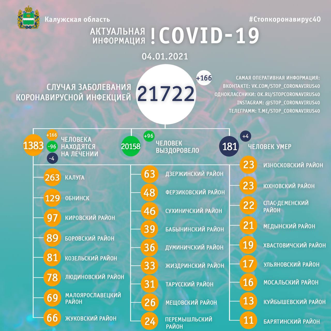 Официальные данные по коронавирусу в Калужской области на 4 января 2020 года.