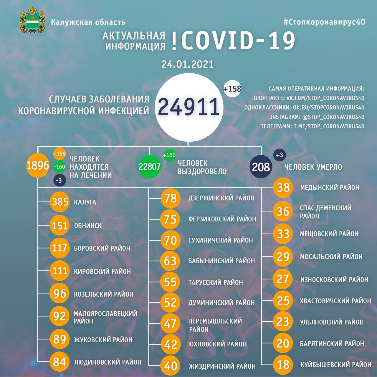 Официальная статистика по коронавирусу в Калужской области на 20 января 2021 года.