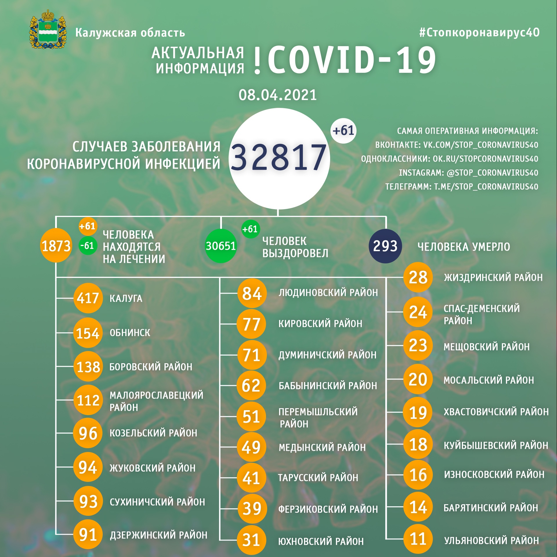 Официальная статистика по коронавирусу в Калужской области на 8 апреля 2021 года.